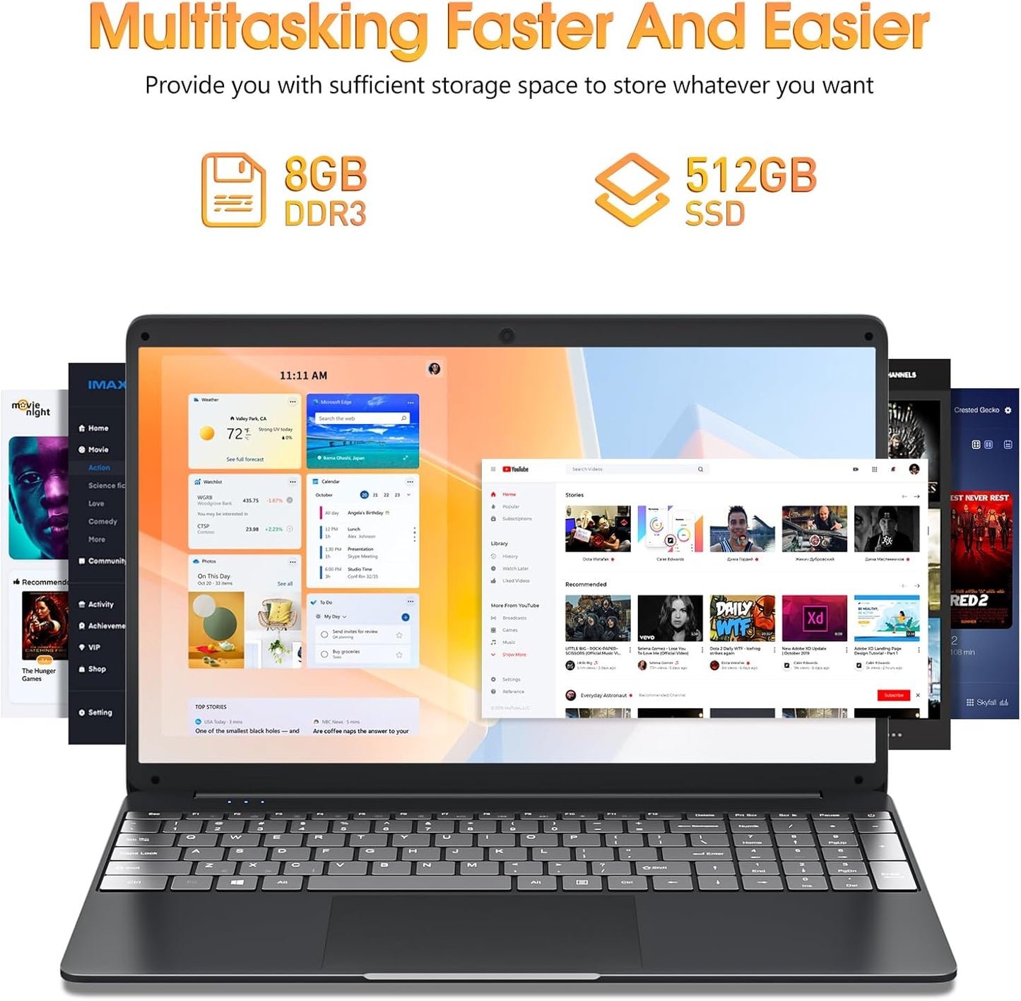 SGIN Laptop, 15.6 Inch Laptops Computer with 8GB DDR3 512GB SSD I3 Processor, Windows 11 Home, HDMI, Wi-Fi 5, 7000mAh, Numeric Keypad, USB3.0, Bluetooth4.2, Type-C(Black)