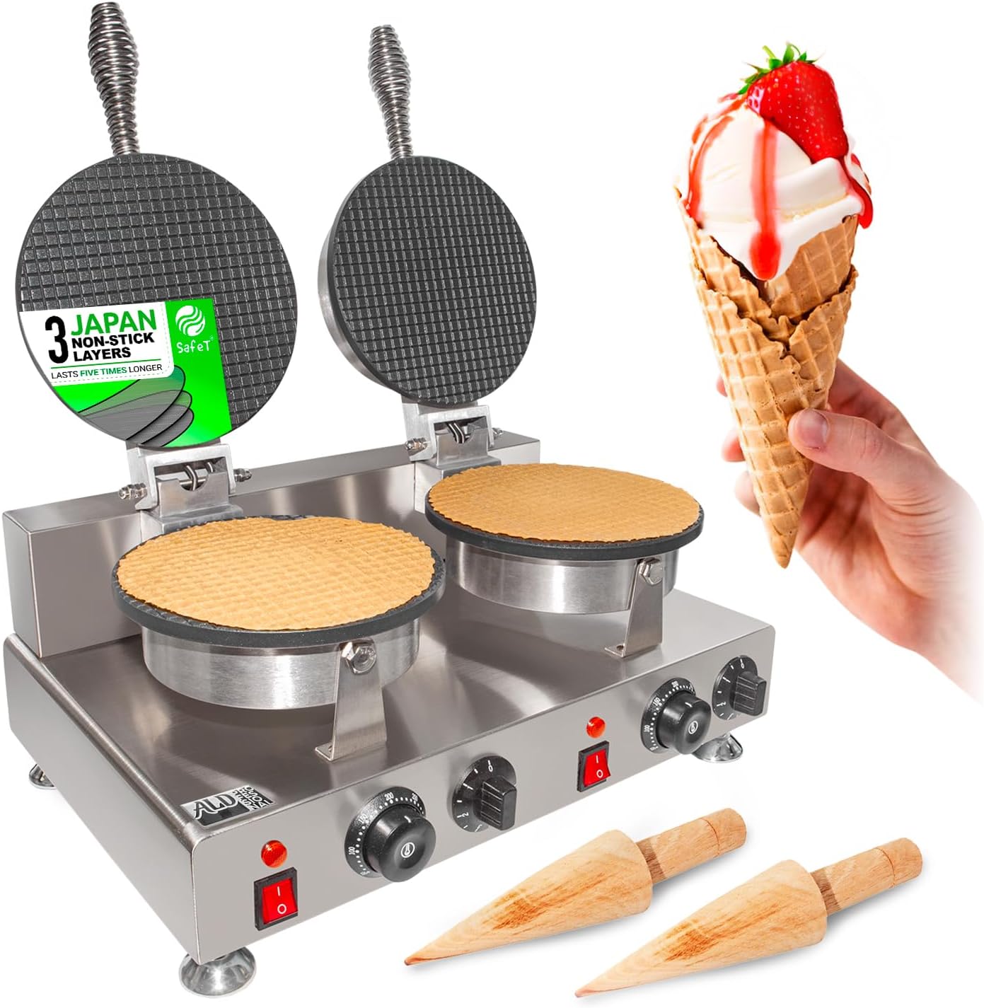 ALDKitchen Waffle Cone Maker | Commercial Ice Cream Cone Maker | Stainless Steel | Nonstick | Manual Control | 110V (2-head)