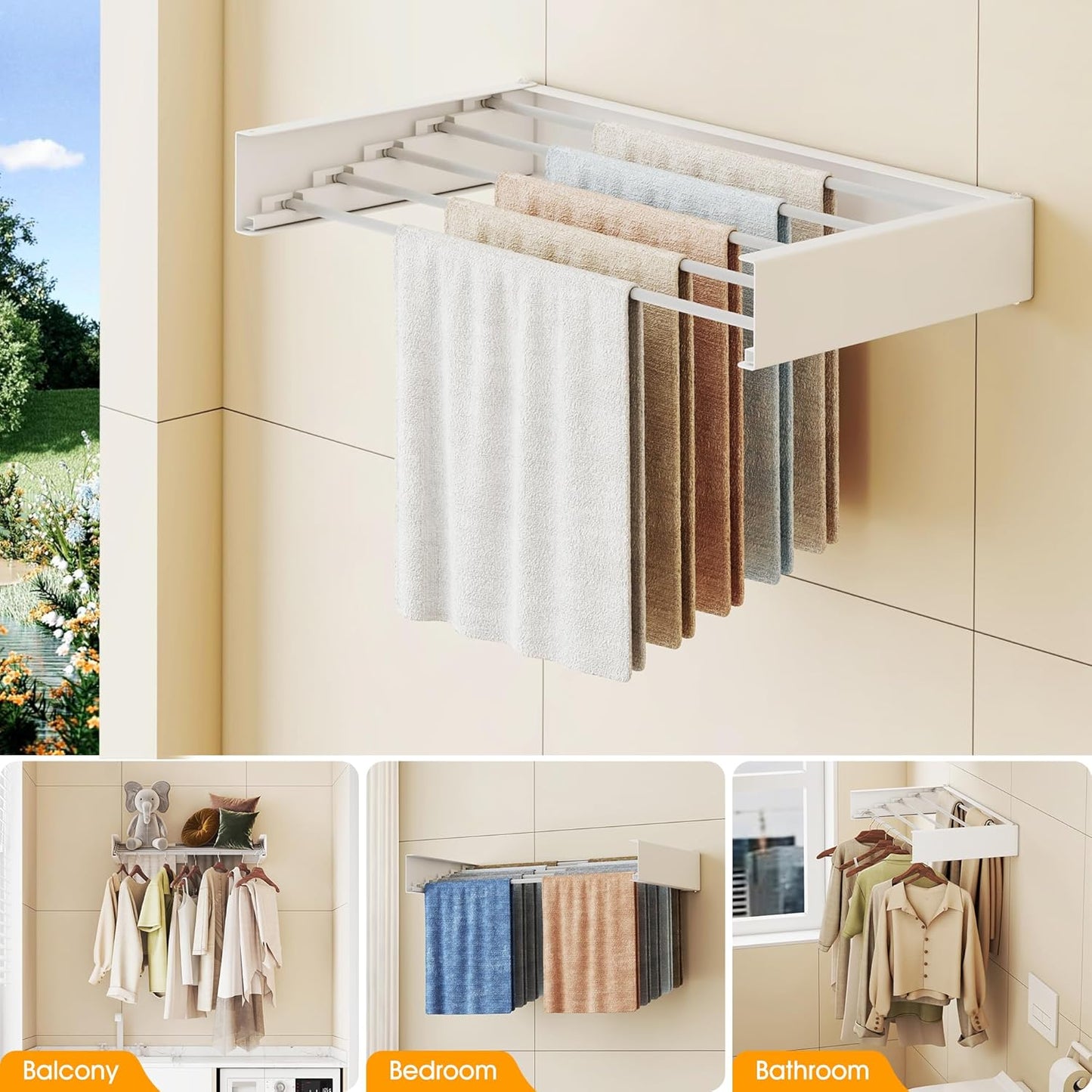 LIENAHU Drying Rack Clothing,Laundry Drying Rack Collapsible,Wall Mounted Clothes DryingRack, Laundry Rack Wall Mount,Retractable Clothing Rack,Folding Clothes Rack,5 Aluminum Rods, (White - 28")