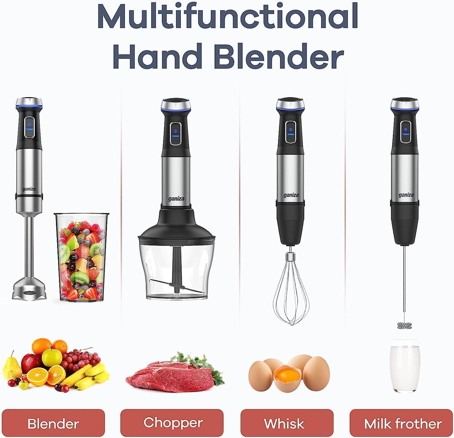 Ganiza Immersion Blender, Electric Hand Blender 800W with 15 Speed and Turbo Mode Handheld Blender Stainless Steel Blade, 5-in-1 Handheld Stick Mixer, Milk Frother, Egg Whisk, Chopper and Beaker