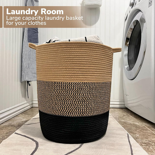 INDRESSME Large Cotton Rope Basket - Tall Laundry Basket Hamper for Dirty Clothes Woven Storage Basket for Blanket in Living Room Toy Basket for Nursery Storage, 17.8" x 15.8" x 13.8" - PuriLite
