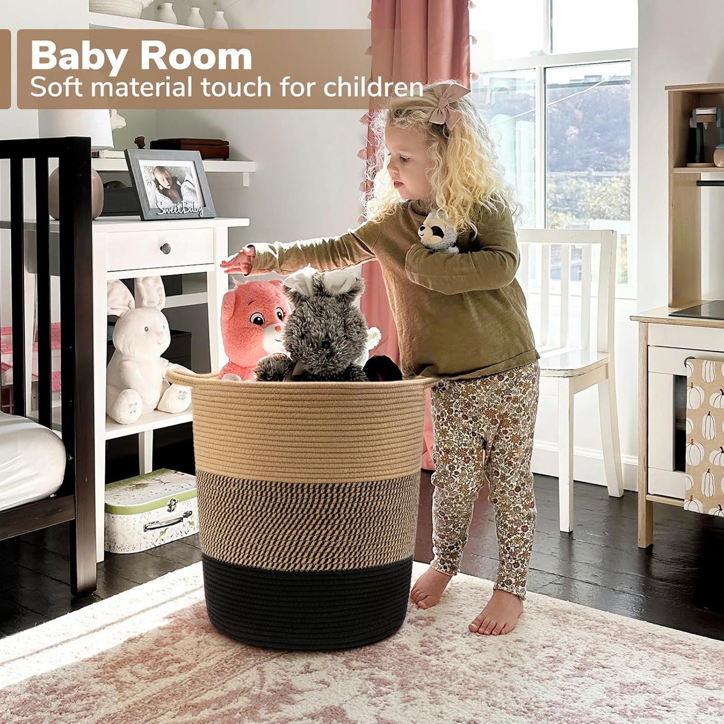 INDRESSME Large Cotton Rope Basket - Tall Laundry Basket Hamper for Dirty Clothes Woven Storage Basket for Blanket in Living Room Toy Basket for Nursery Storage, 17.8" x 15.8" x 13.8"