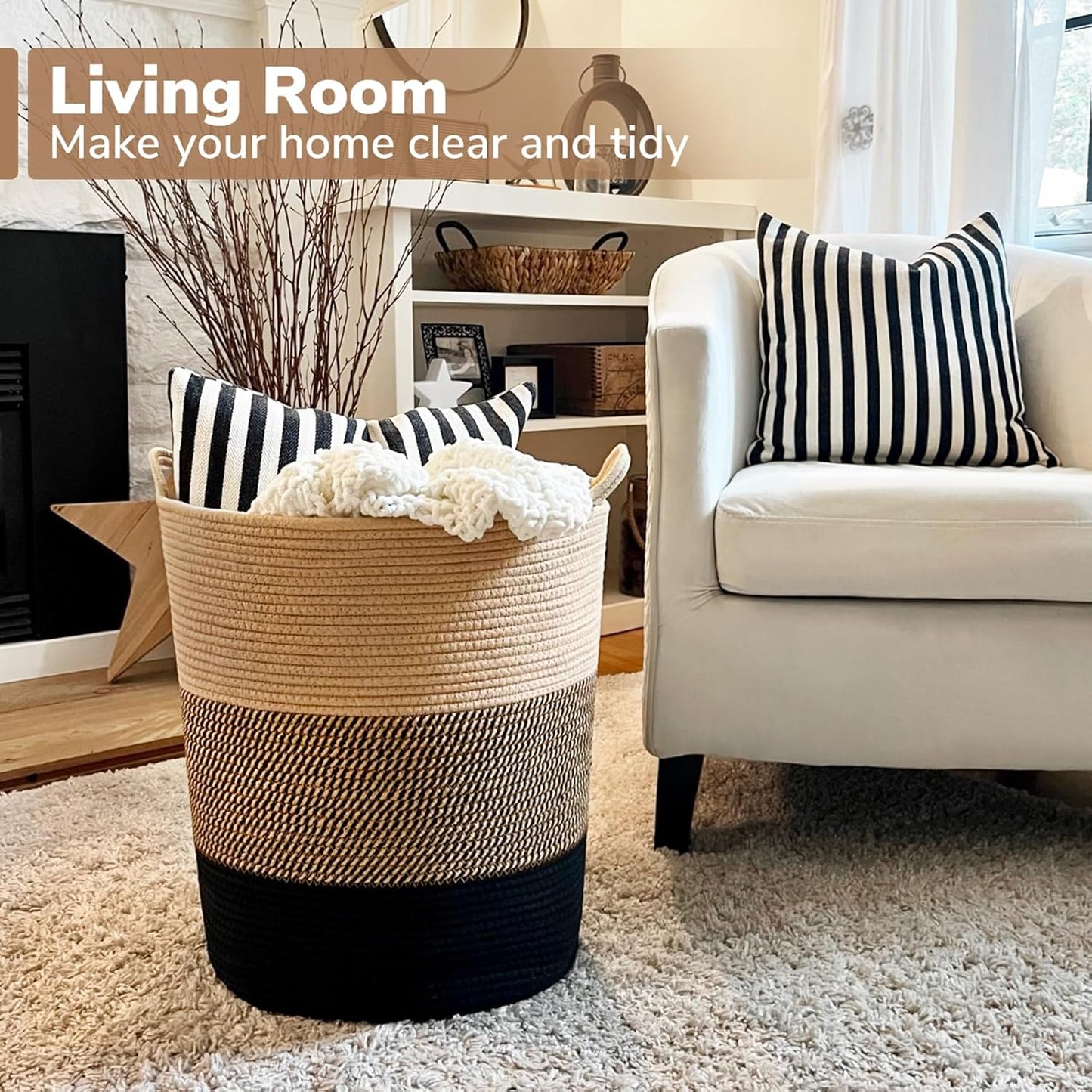 INDRESSME Large Cotton Rope Basket - Tall Laundry Basket Hamper for Dirty Clothes Woven Storage Basket for Blanket in Living Room Toy Basket for Nursery Storage, 17.8" x 15.8" x 13.8"