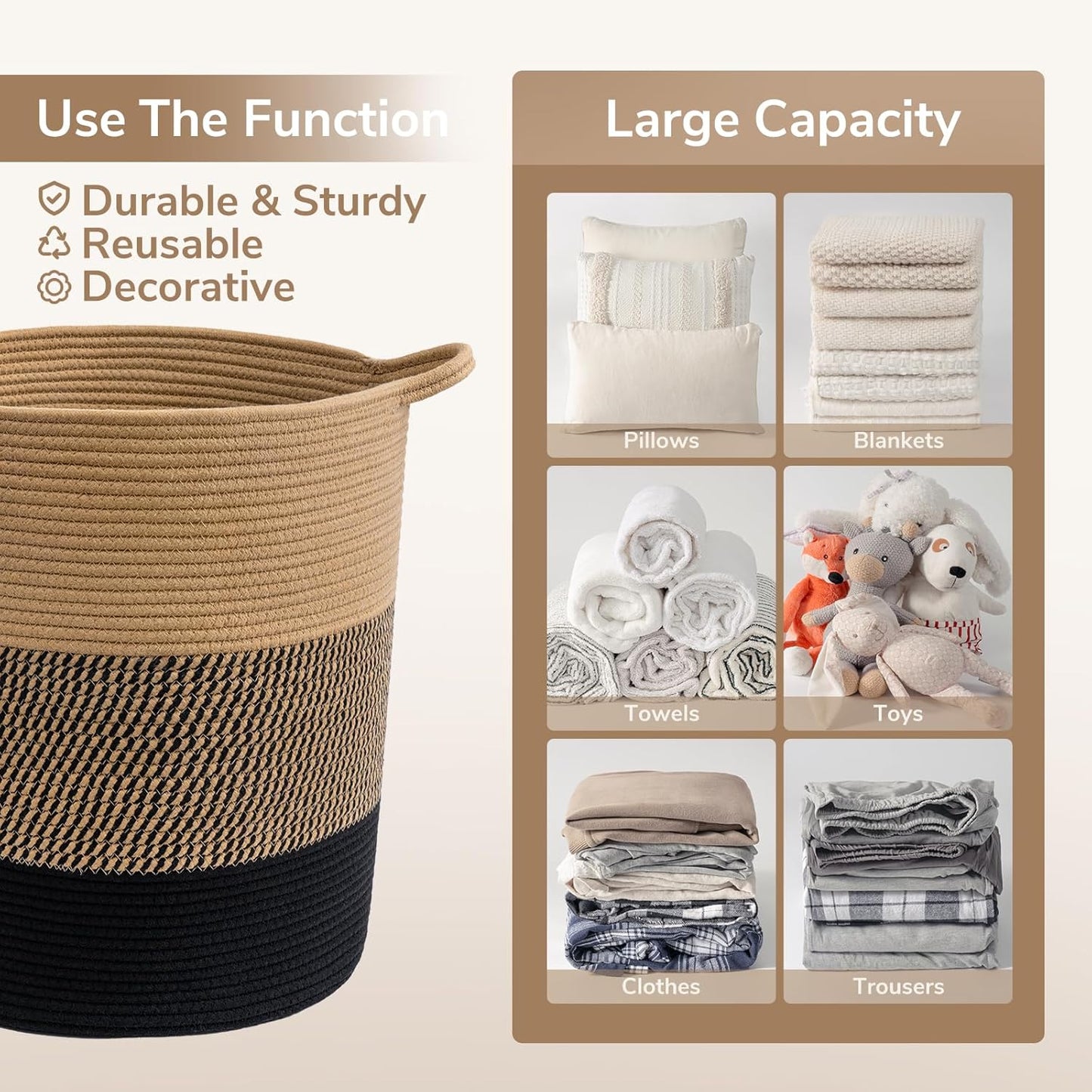 INDRESSME Large Cotton Rope Basket - Tall Laundry Basket Hamper for Dirty Clothes Woven Storage Basket for Blanket in Living Room Toy Basket for Nursery Storage, 17.8" x 15.8" x 13.8"