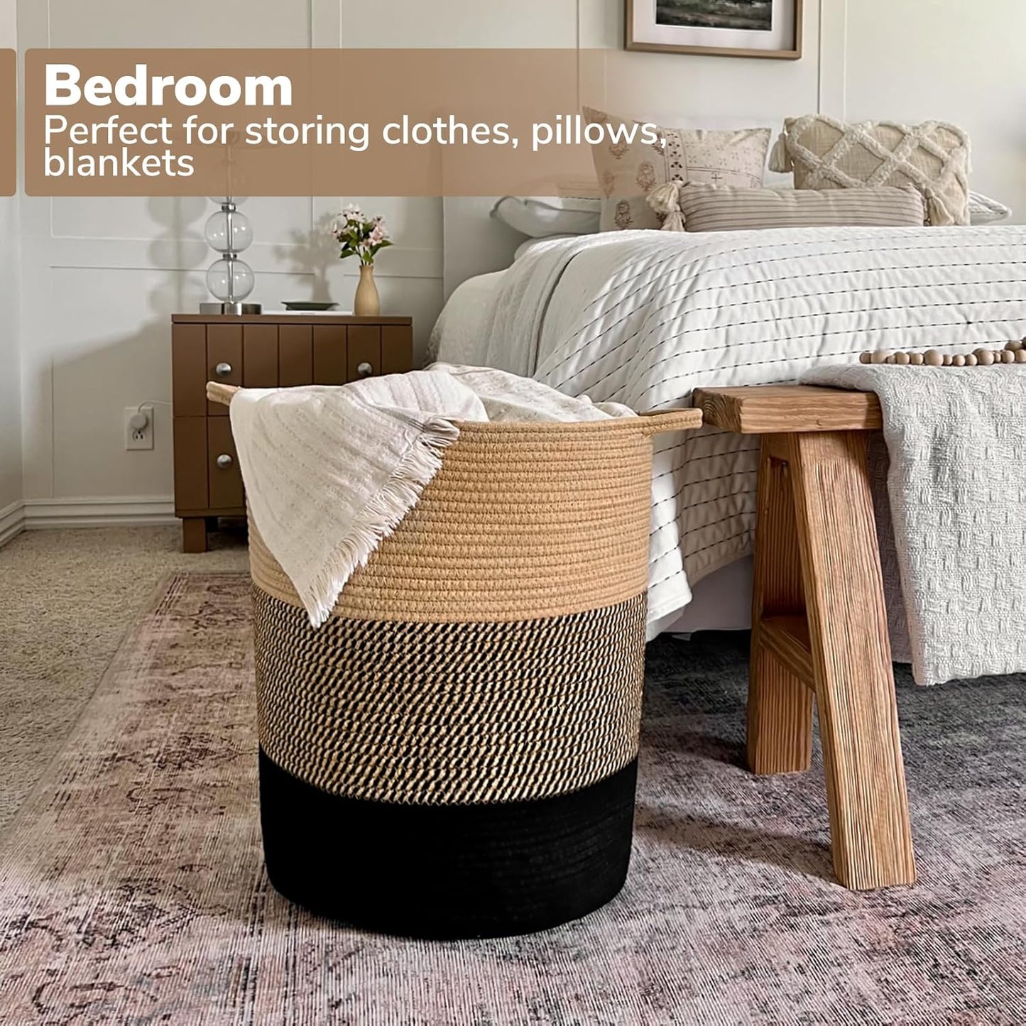 INDRESSME Large Cotton Rope Basket - Tall Laundry Basket Hamper for Dirty Clothes Woven Storage Basket for Blanket in Living Room Toy Basket for Nursery Storage, 17.8" x 15.8" x 13.8"