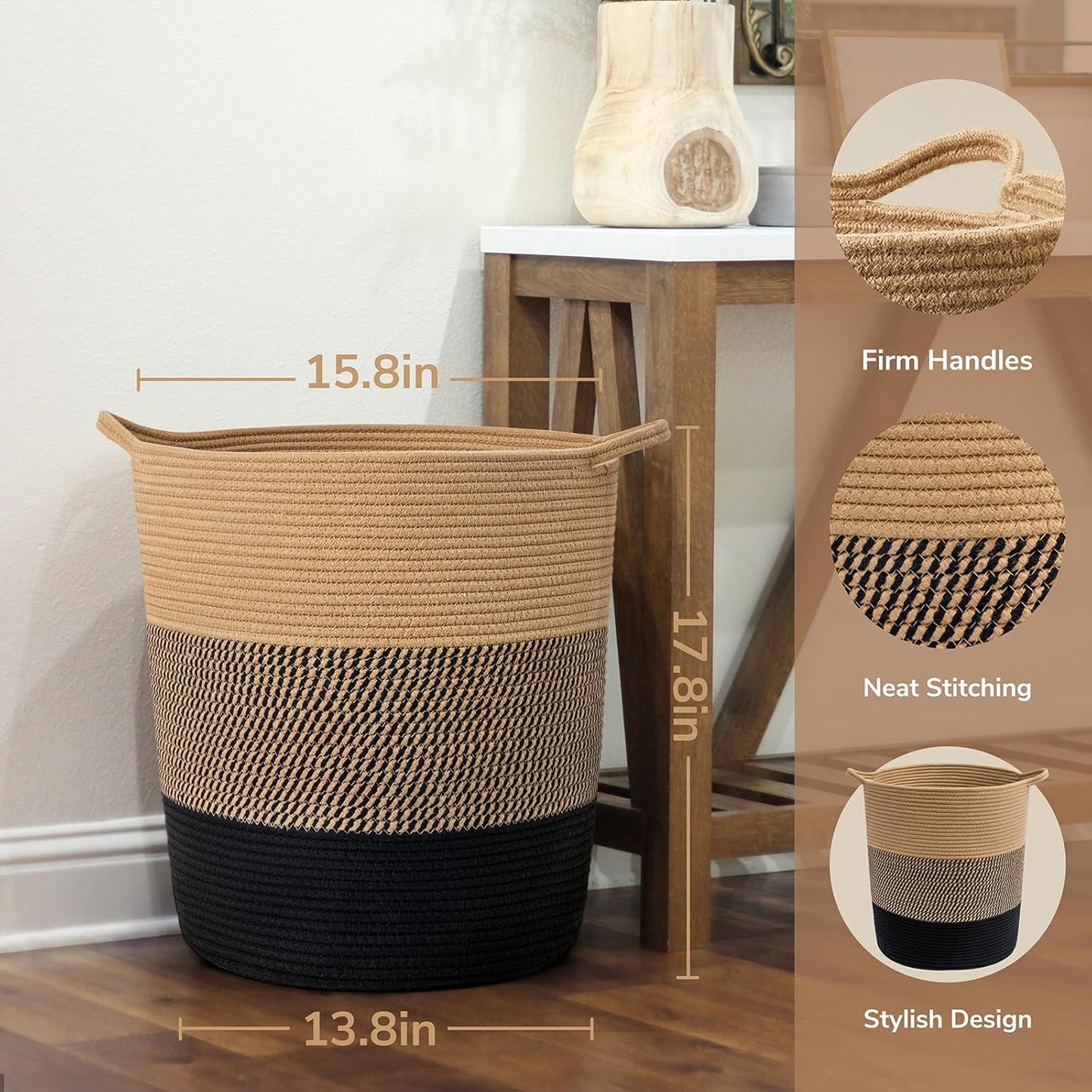 INDRESSME Large Cotton Rope Basket - Tall Laundry Basket Hamper for Dirty Clothes Woven Storage Basket for Blanket in Living Room Toy Basket for Nursery Storage, 17.8" x 15.8" x 13.8"