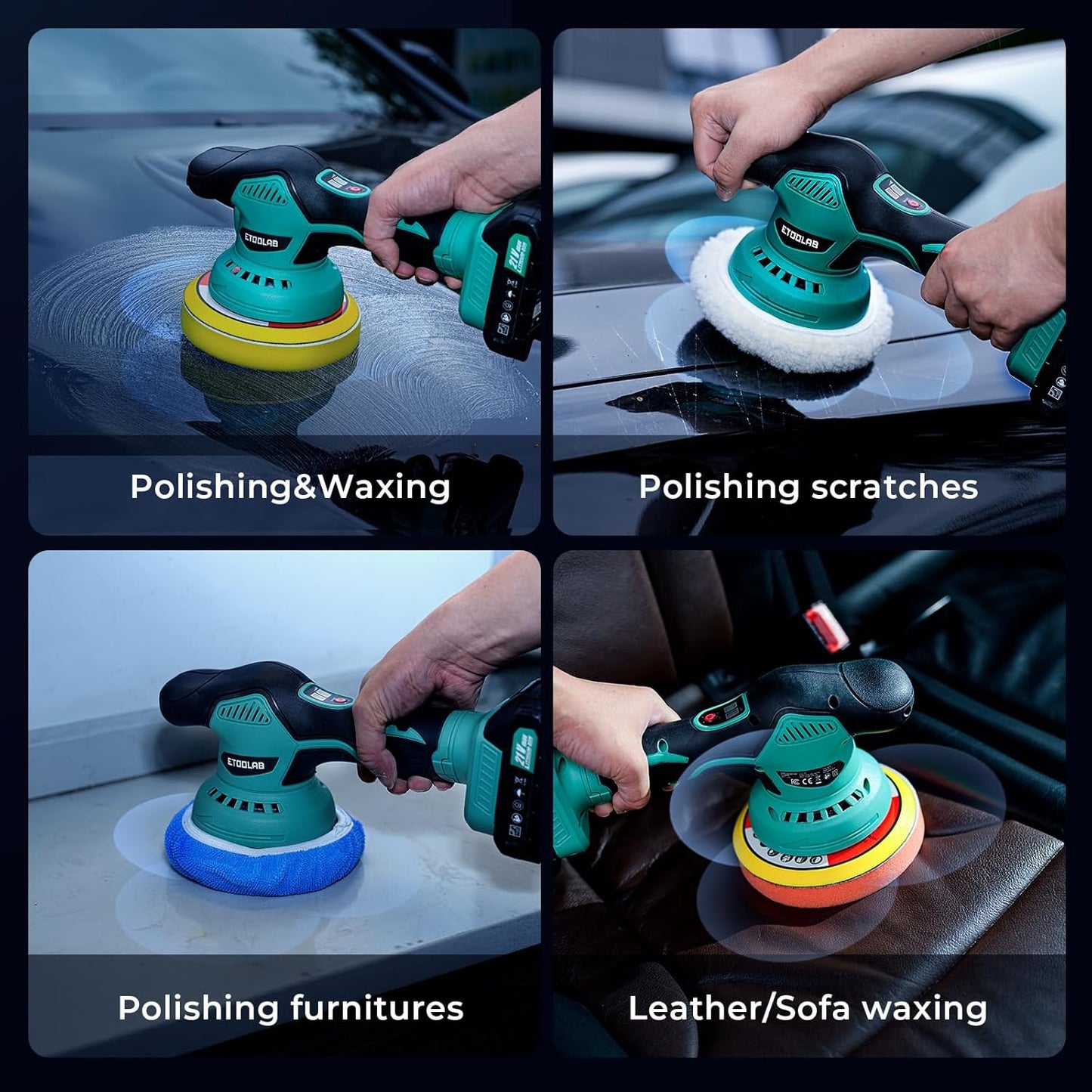 ETOOLAB Cordless Car Buffer Polisher, 6 Inch Car Detailing Kits, 8 Speed (5500 RPM Max) Car Detailing Kit, 2x2000mAh 21V Batteries, Orbital Buffer Polisher for Car Care, Waxing, Polishing