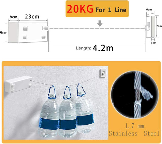 Retractable Clothesline |Indoor Outdoor Clothes Line | Heavy Duty Clothes Drying Laundry Line | Wall Mounted Drying Rack Clothing Line | Retracting Hanging | Lock to Prevent Sagging - PuriLite