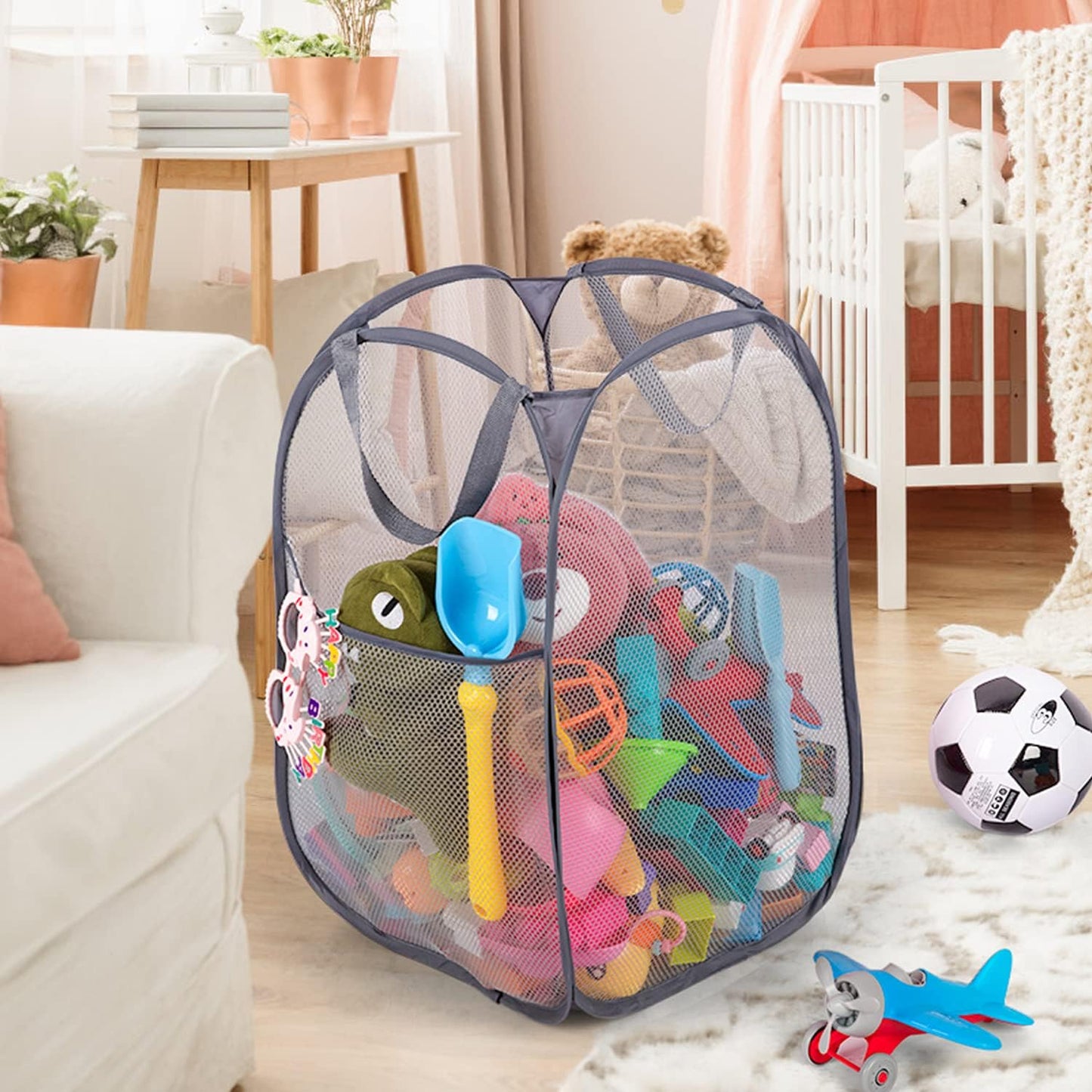 Deluxe Strong Mesh Pop up Laundry Hamper Basket with Side Pocket for Laundry Room, Bathroom, Kids Room, College Dorm or Travel Grey