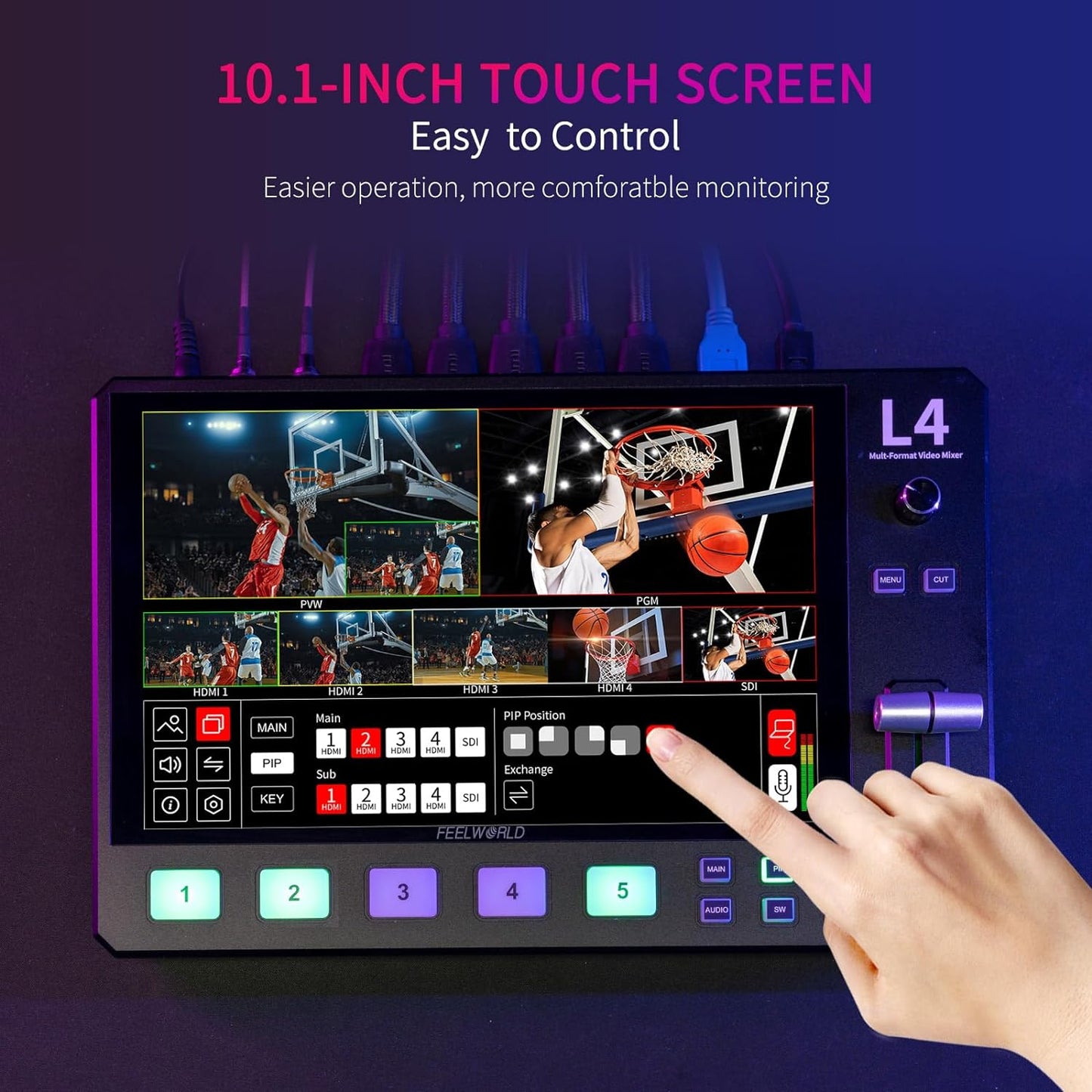 FEELWORLD L4 10.1 Inch Touch Screen Video Switcher 10.1 inch Touchscreen, Real-time Preview 5 Input Sources PST PGM and Operation Interface