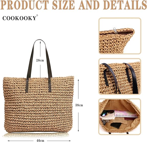COOKOOKY Straw Beach Bag Summer Handmade Woven Shoulder Tote Bags Purse for Women, Bohemia Khaki Bag
