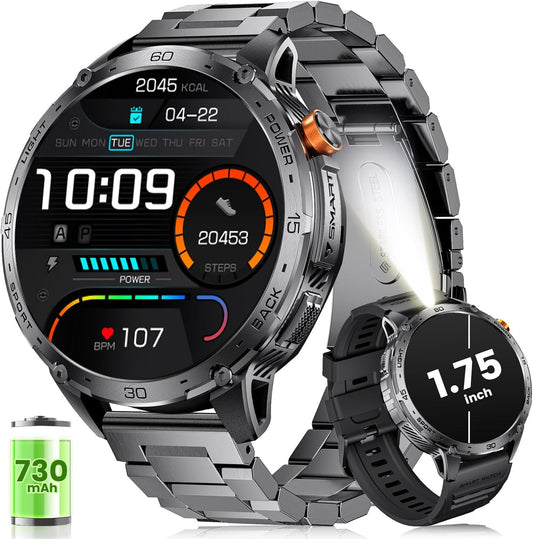Smartwatch for Men with Bluetooth Call/LED Flashlight, 1.75" HD Amoled Fitness Tracker with 30 Days Battery/120+ Sports Modes, IP68 Waterproof Military Smart Watch for Android iOS, Black