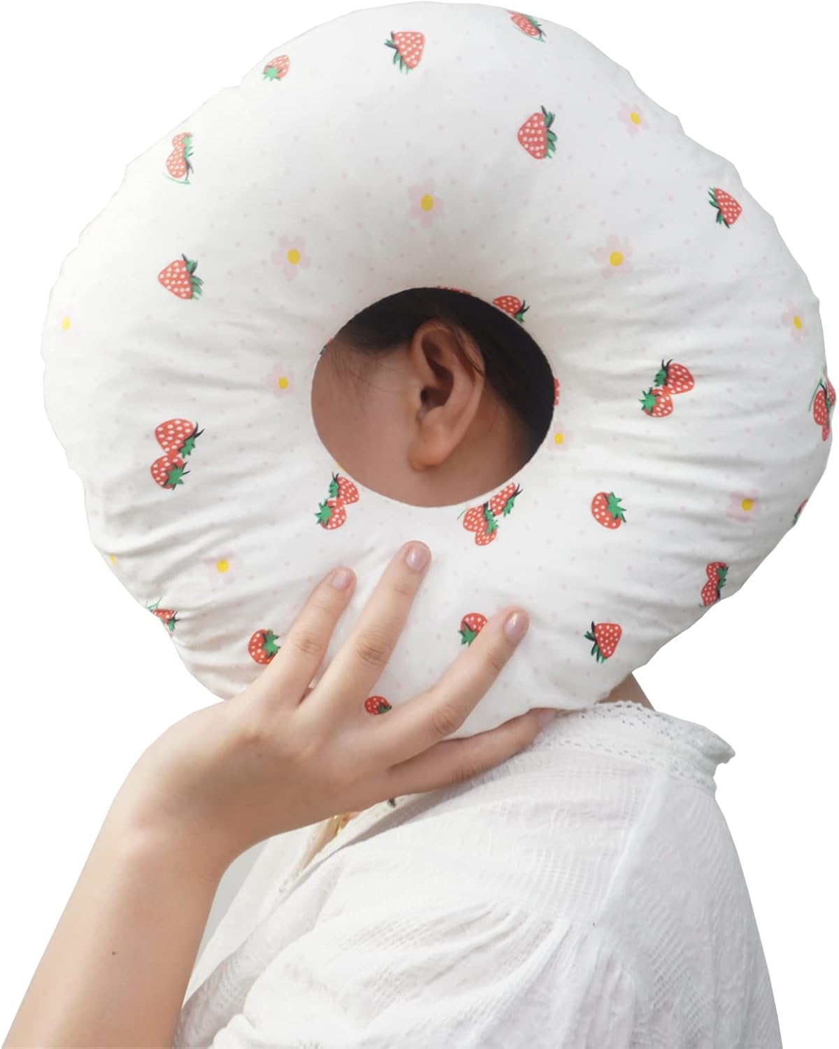 Ear Piercing Pillow for Side Sleepers With Ear Hole, 11" Donut Pillow Side Sleeping Pillow, Circle 3.5" Pillow, Small Pillow with Ear Hole for Sleeping with Earrings/earplugs (White, PP cotton))