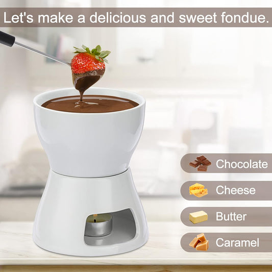 JuxYes Ceramic Butter Chocolate Fondue Pot Set, 400ml Cheese Fondue Set with 4 Forks, Butter Warmer Fondue Pot, Family Melting Hot Pot for Tapas (White) - PuriLite