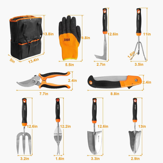 Garden Tools Set, 10 Pcs Stainless Steel Heavy Duty Gardening Tools Set with Folding Saw, Garden Hand Tools Starter Kit, Landscaping Tools, Gardening Tools Gift Sets for Women and Men - PuriLite