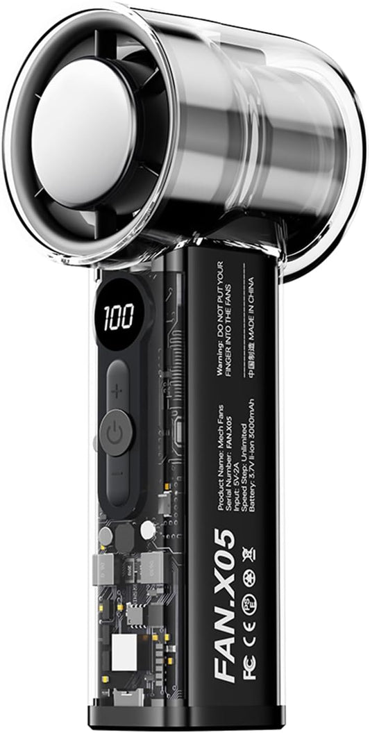 Handheld Portable High Speed Turbo Fan 4.9H Max Cooling Time, 3000mAh Type-C Rechargeable Personal Battery Operated Mini Pocket Fan with 5 Speeds for Home/Office/Travel/Outdoor - Black