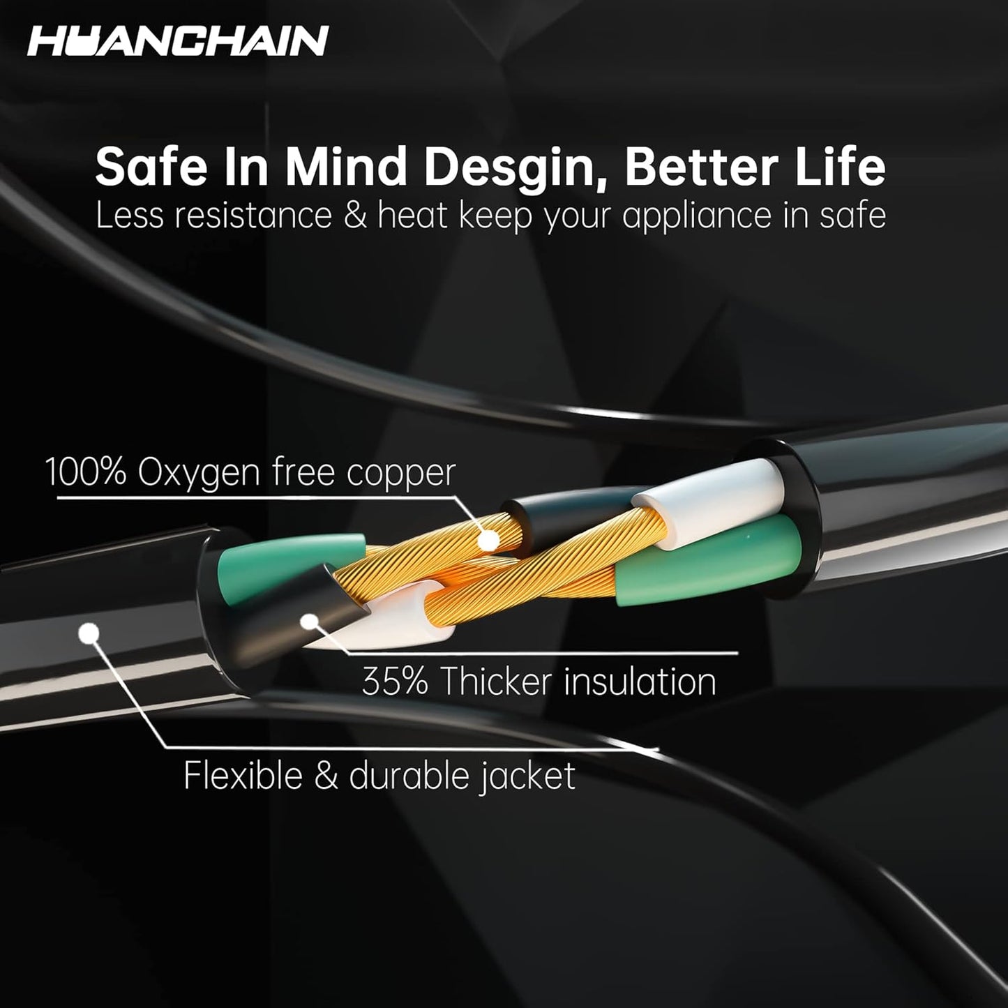 HUANCHAIN Indoor Outdoor Black Extension Cord 25 ft Waterproof, 16/3 Gauge Flexible Cold-Resistant Appliance Cable Outside, 13A 1625W 16AWG SJTW, 3 Prong Heavy Duty Electric Cord, ETL