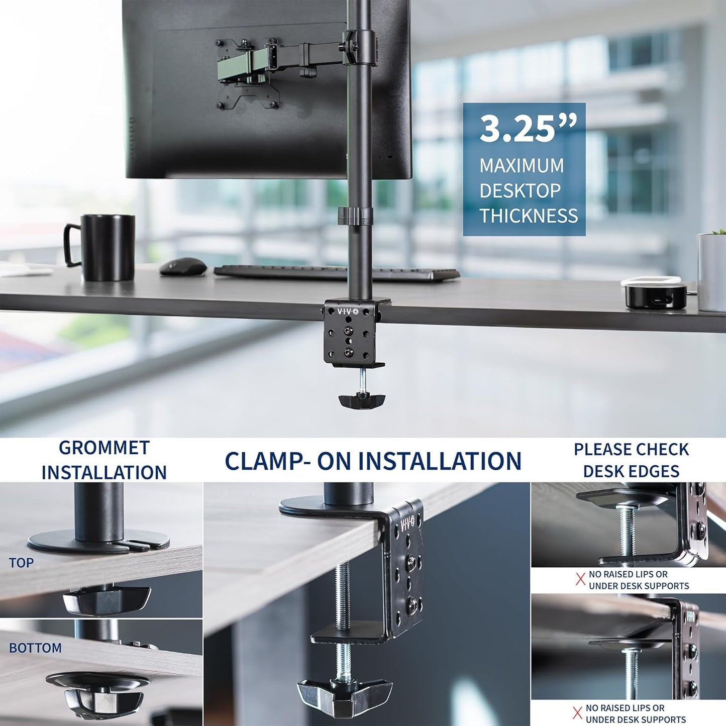 VIVO Single Monitor Arm Desk Mount, Holds Screens up to 32 inch Regular and 38 inch Ultrawide, Fully Adjustable Stand with C-Clamp and Grommet Base, VESA 75x75mm or 100x100mm, Black, STAND-V001