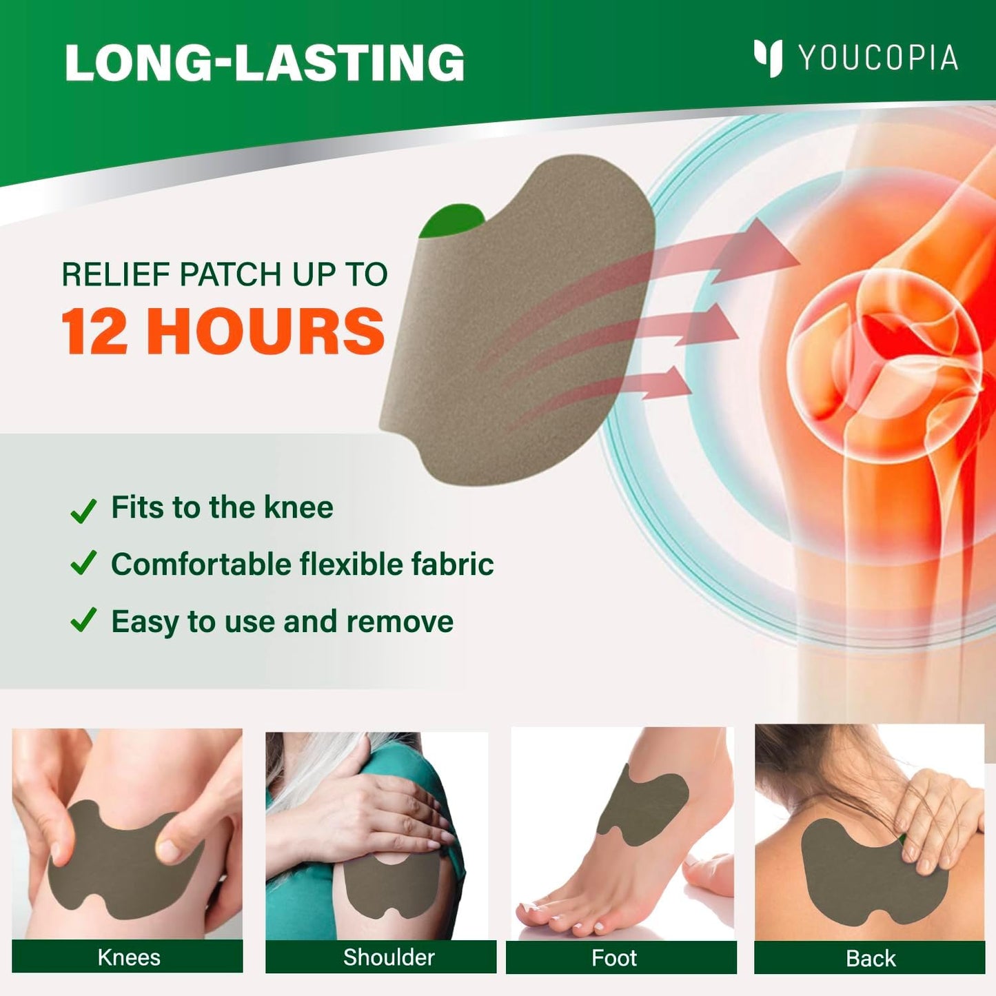 YOUCOPIA Knee Pain Relief Patches: 36 Count Natural Herbal Relieving Paste for Long Lasting Muscle and Joint Relief - Mugwort Arthritis Heat Patches Kit