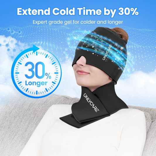 ONLYCARE Migraine Relief Cap and Neck Ice Pack Wrap Gel Set, Upgrade Soothing Headache Relief Cap and Shoulder Cold Pack, Hot and Cold Compress, Relief of Pain, Swelling, Office Pressure (Black) - PuriLite