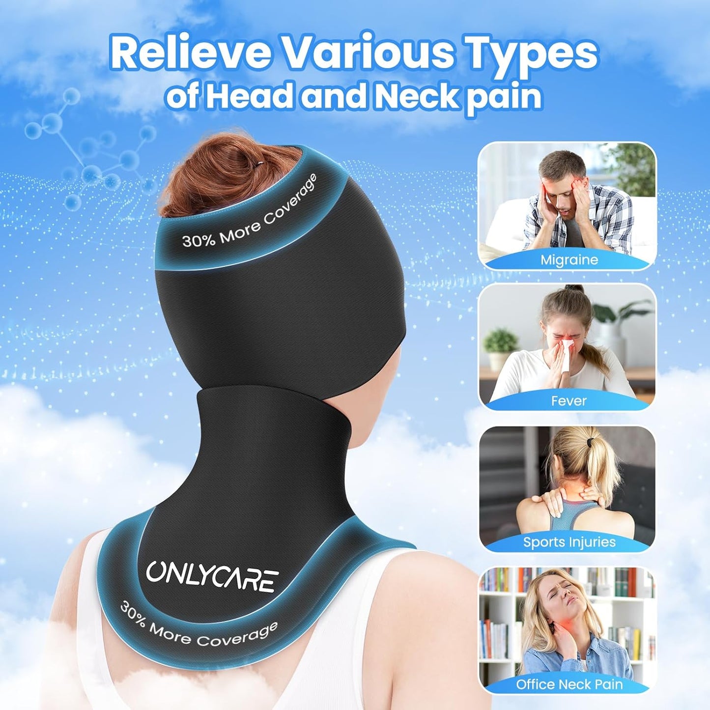 ONLYCARE Migraine Relief Cap and Neck Ice Pack Wrap Gel Set, Upgrade Soothing Headache Relief Cap and Shoulder Cold Pack, Hot and Cold Compress, Relief of Pain, Swelling, Office Pressure (Black)