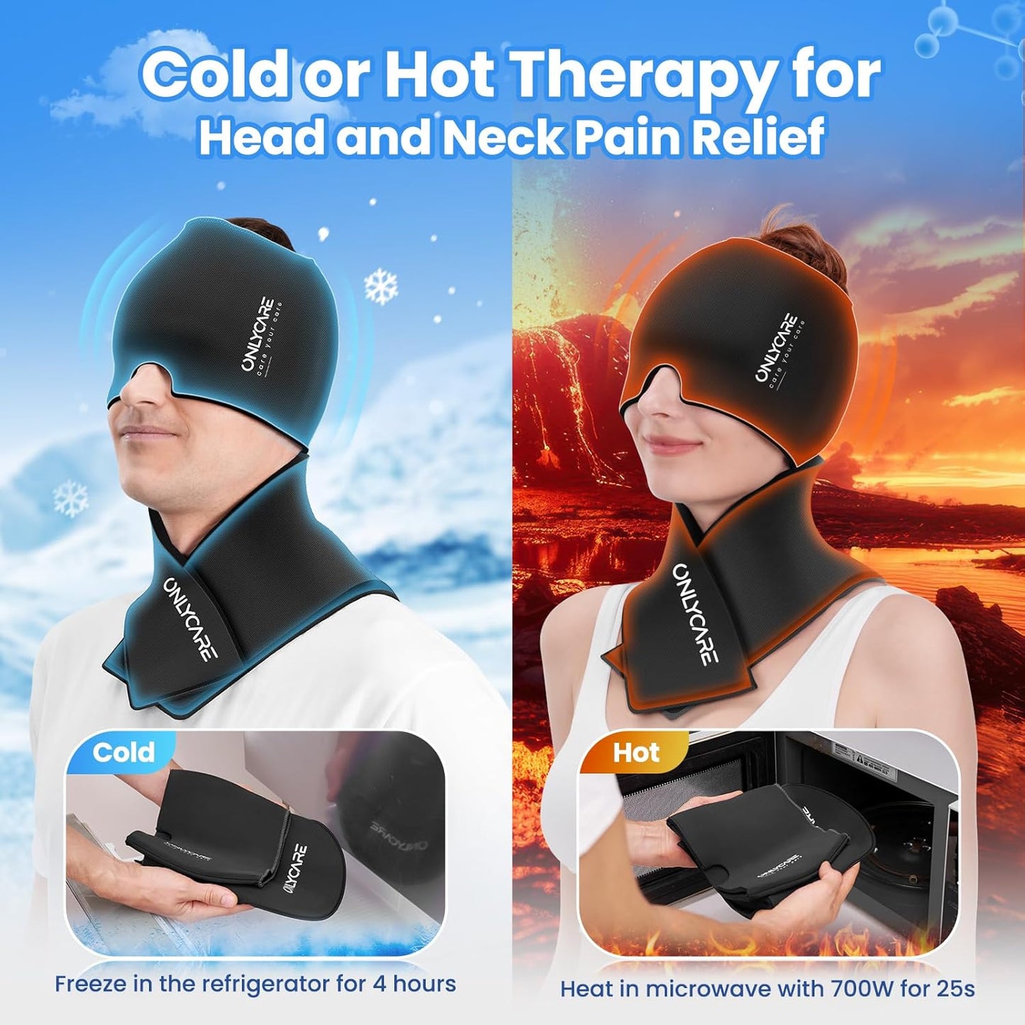 ONLYCARE Migraine Relief Cap and Neck Ice Pack Wrap Gel Set, Upgrade Soothing Headache Relief Cap and Shoulder Cold Pack, Hot and Cold Compress, Relief of Pain, Swelling, Office Pressure (Black)