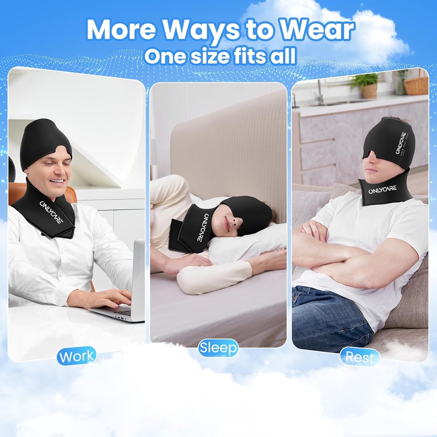 ONLYCARE Migraine Relief Cap and Neck Ice Pack Wrap Gel Set, Upgrade Soothing Headache Relief Cap and Shoulder Cold Pack, Hot and Cold Compress, Relief of Pain, Swelling, Office Pressure (Black)