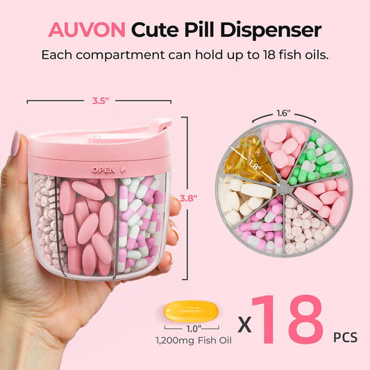 AUVON Cute Pill Organizer with 7 Large Compartments, Portable Pill Box 7 Day with Wide Opening for Easy Use, Travel Pill Container for Medications, Vitamins, Fish Oils, Supplements - PuriLite