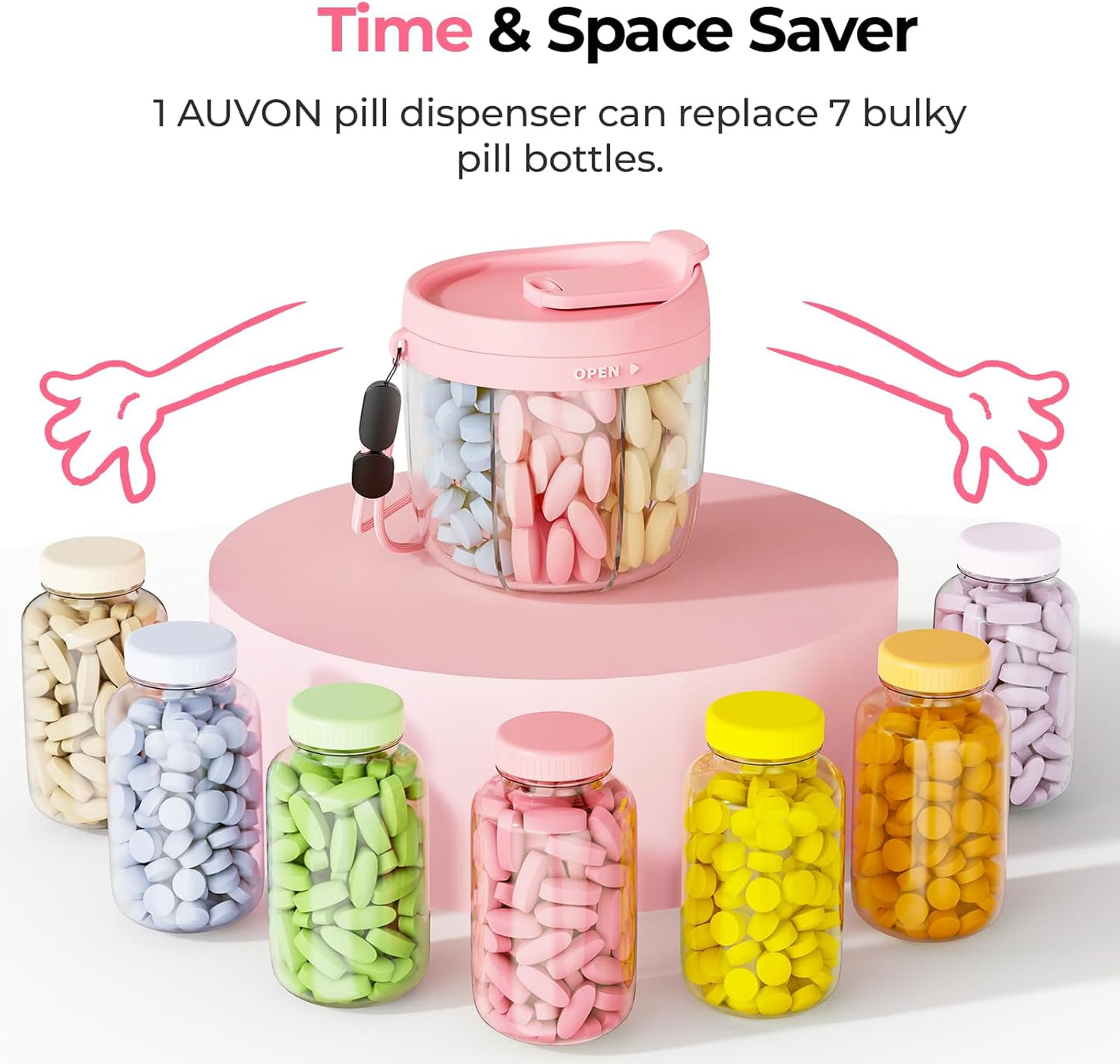AUVON Cute Pill Organizer with 7 Large Compartments, Portable Pill Box 7 Day with Wide Opening for Easy Use, Travel Pill Container for Medications, Vitamins, Fish Oils, Supplements
