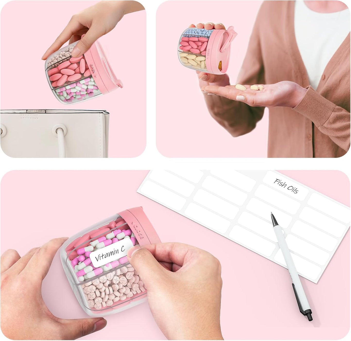 AUVON Cute Pill Organizer with 7 Large Compartments, Portable Pill Box 7 Day with Wide Opening for Easy Use, Travel Pill Container for Medications, Vitamins, Fish Oils, Supplements