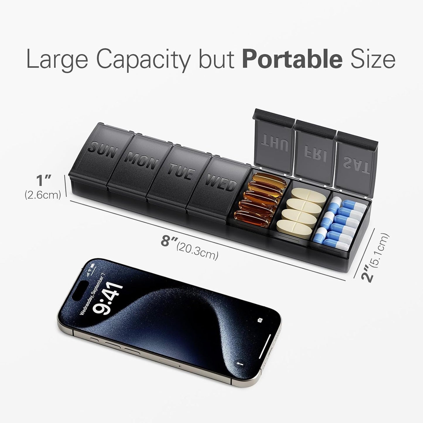 Barhon Pill Organizer Large, Weekly Pills Organizer Pill Box, Medicine Pill Organizers Travel, 7 Day Pill Case for Big Vitamin Supplements Fish Oil, Black