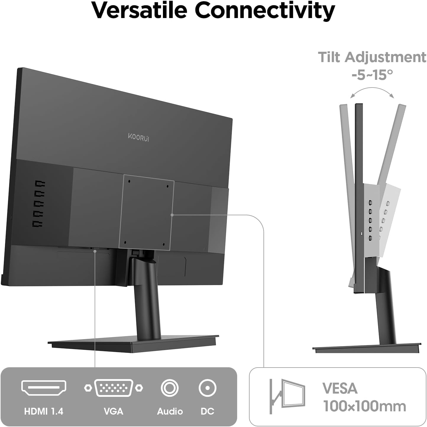 KOORUI 24 inch Computer Monitor,FHD (1920 x 1080) 100Hz 99% sRGB 1000:1,AdaptiveSync,PC Desktop Monitors for Computer,HDMI/VGA Port, 100 x 100 mm VESA Mountable,Visioncare,Black