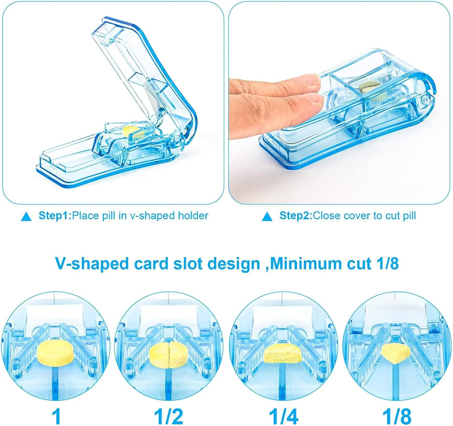 Qeedee Pill Slicer 2 Pack, Pill Cutter for Small or Large Pills, Tablet Splitter Portable Pill Splitter for Vitamins or Pills Cutting, Blue and Black