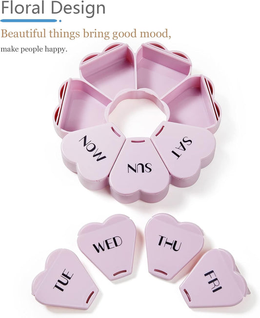 MOLN HYMY Cute Weekly Pill Organizer 7 Day, Large Vitamin Case Once Daily, Floral Pill Container for Fish Oil/Medication/Supplements (Purple Pink) - PuriLite