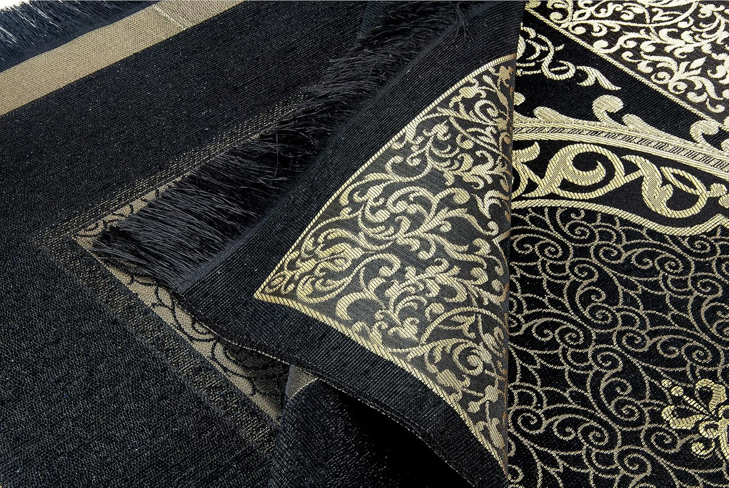 ihvan online Muslim Prayer Rug and Prayer Beads with Elegant Design Cylinder Gift Box, Janamaz, Sajadah, Soft Islamic Gifts Set, Carpet Mat, Taffeta Fabric, Black