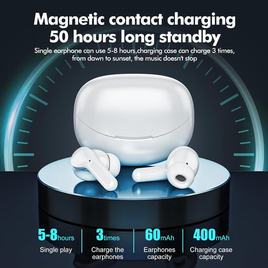 Wireless Earbuds, Bluetooth Headphones 5.3 HiFi Stereo, Wireless Earphones with ENC Noise Cancelling Mic, LED Digital Display in Ear Buds - White - PuriLite