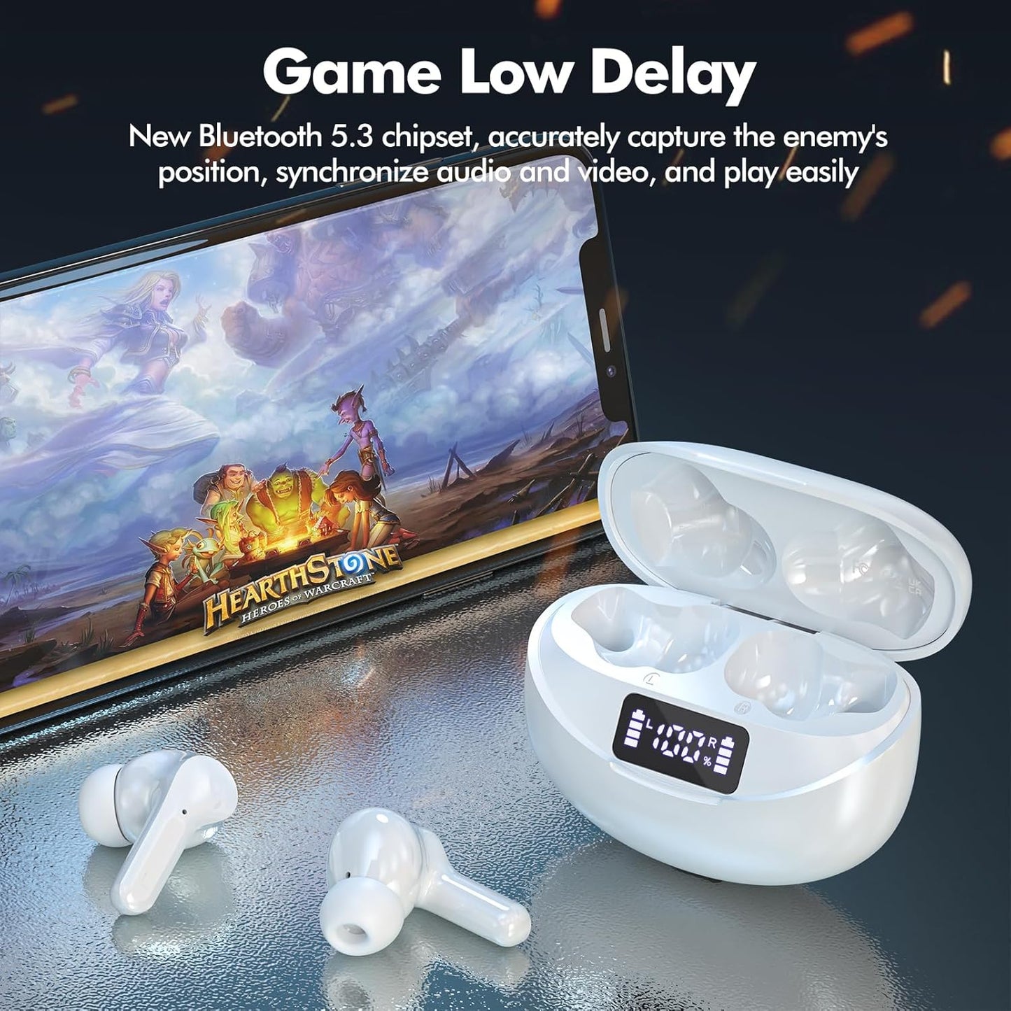 Wireless Earbuds, Bluetooth Headphones 5.3 HiFi Stereo, Wireless Earphones with ENC Noise Cancelling Mic, LED Digital Display in Ear Buds - White