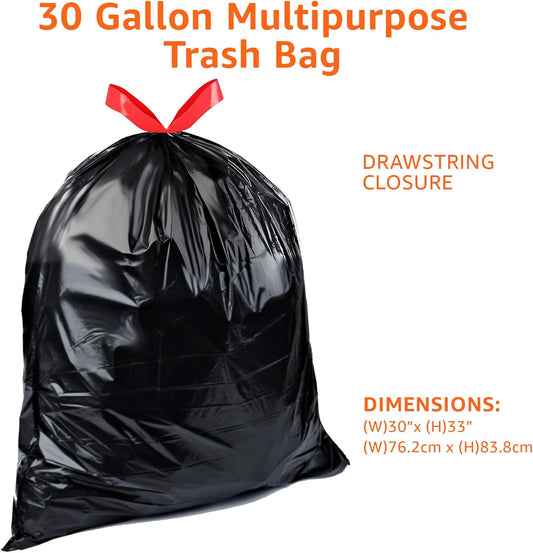 Amazon Basics Multipurpose Drawstring Trash Bags, 30 Gallon, 50 Count (Previously Solimo) - PuriLite