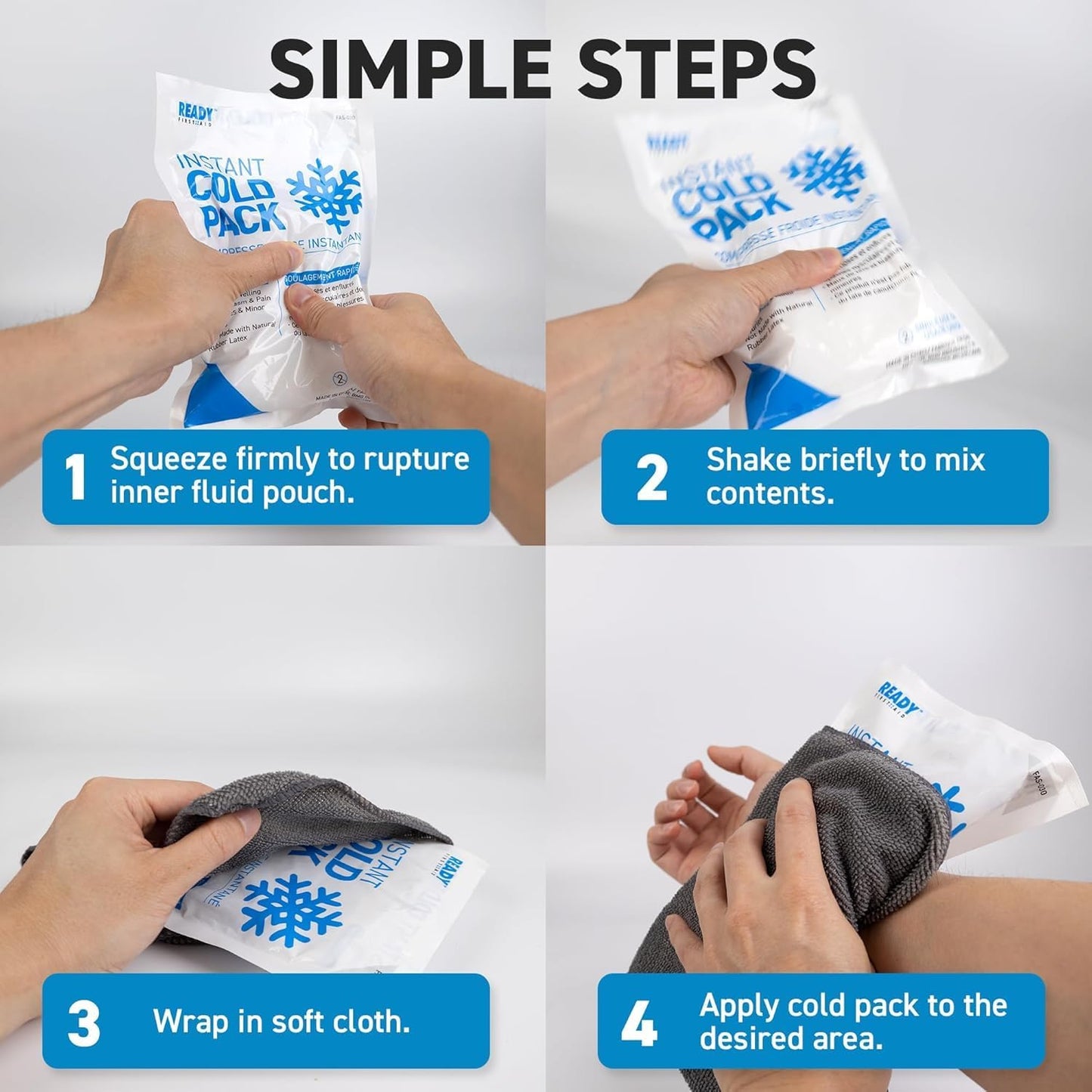 Instant Cold Pack, Medium Packs (7.5" x 4.5") - Ready First Aid, Provides fast Relief for Bruises, Swelling, Muscle Spasm, Pain, Headaches, Minor Ice Packs for Injuries (7.5" x 4.5", Case of 6)
