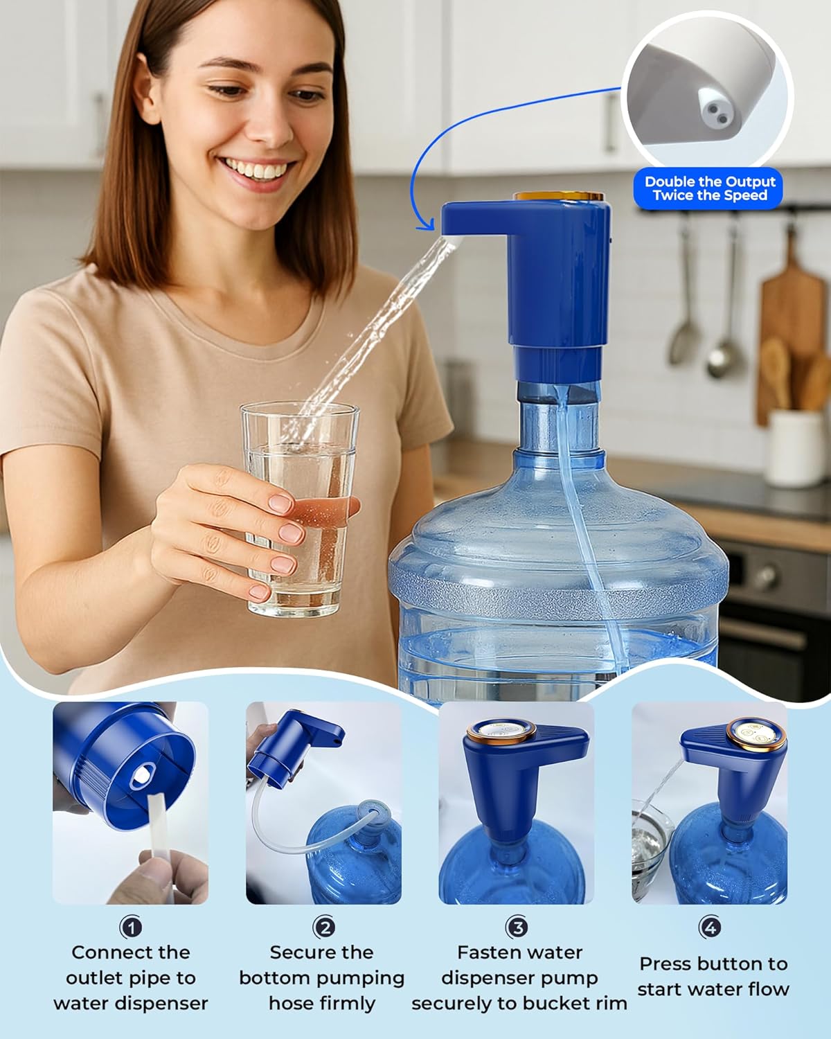 Water Dispenser, Portable Electric Water Bottle Pump Rechargeable for 5 Gallon Bottles, USB-C Charging for Home Kitchen Room Camping, Blue