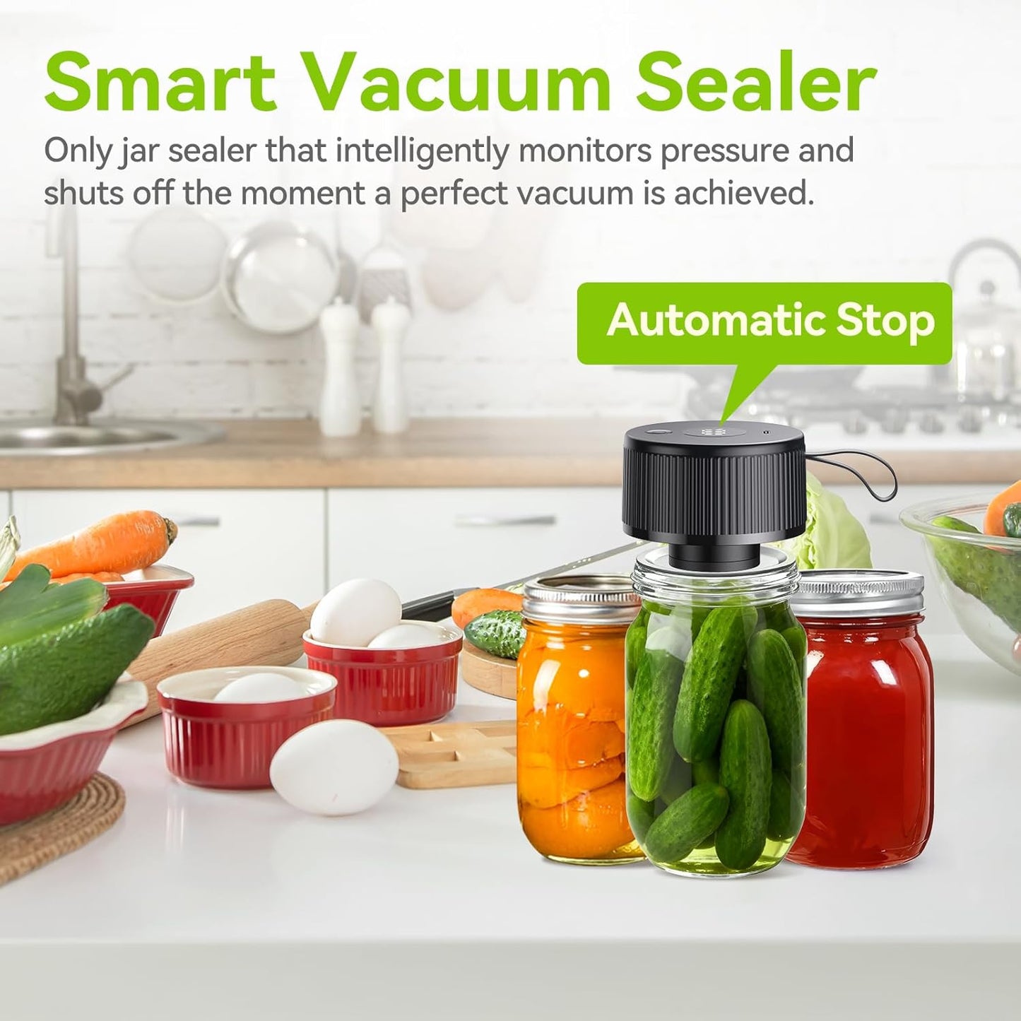 3-in-1 Electric Mason Jar Vacuum Sealer Kit for Wide Mouth and Regular Mouth Jars Food Containers and Bags One-Touch Automatic Sealing for Food Storage