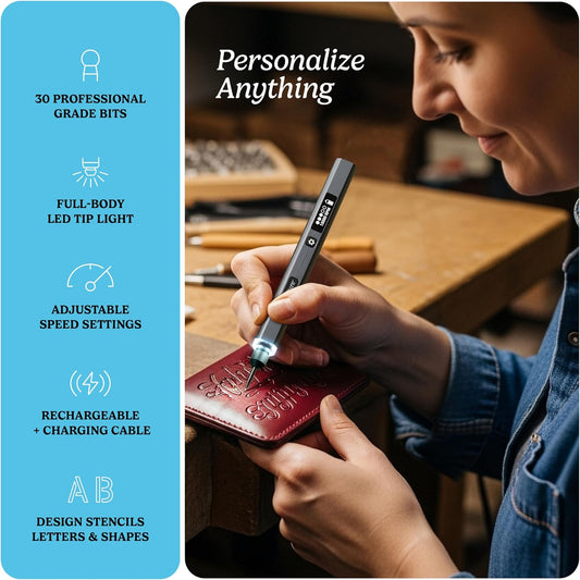 Cordless Engraving Pen Tool with Adjustable Speed and 31 Precision Bits for Metal Wood Glass Plastic and Craft Projects - PuriLite