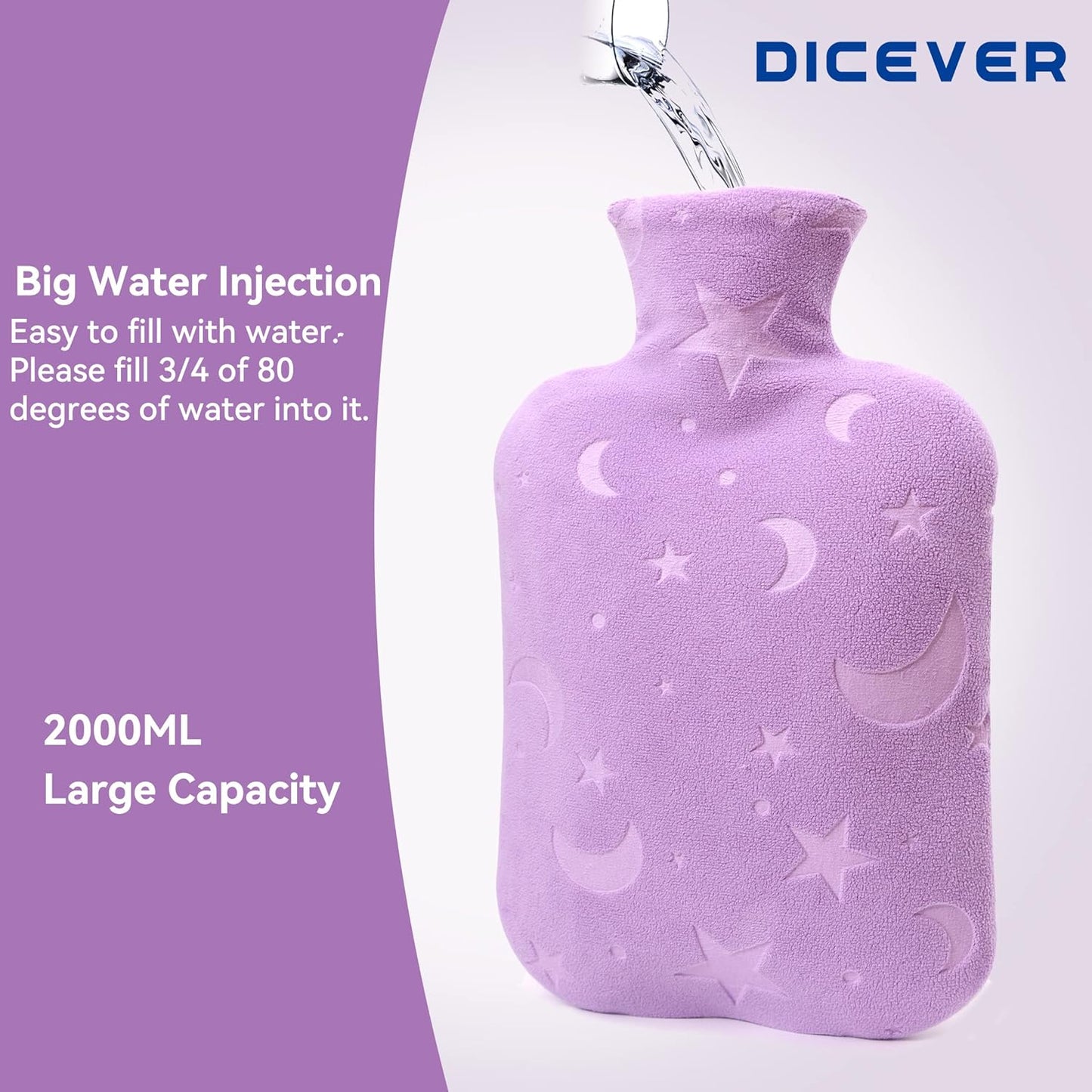 DICEVER Hot Water Bottle with Soft Cover, 2L Hot Water Bag for Menstrual Cramps, Neck and Shoulder Pain Relief, Hot and Cold Therapies, Hand Feet Warmer, Purple