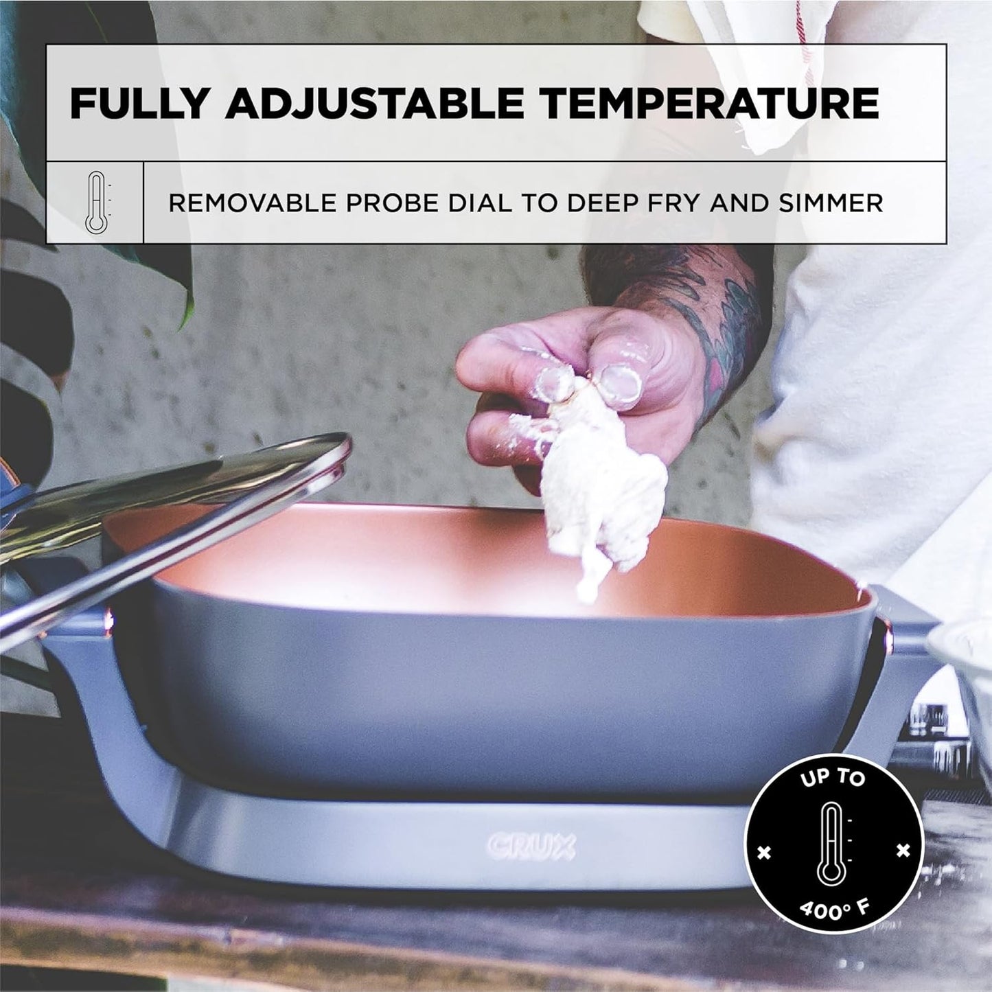 CRUX Extra Deep Nonstick Scratch Resistant Electric Skillet with Removeable Temperature Probe, 12" x 12"
