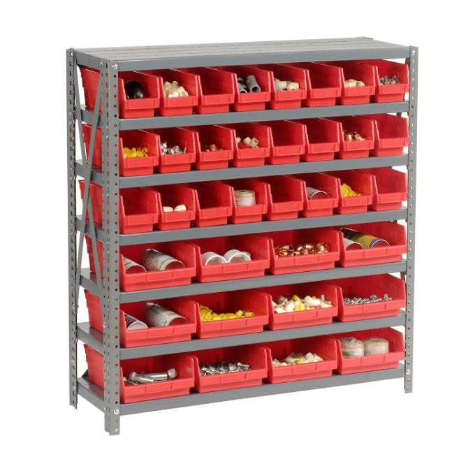 Global Industrial™ Steel Shelving with Total 36 4"H Plastic Shelf Bins Red, 36x12x39-7 Shelves