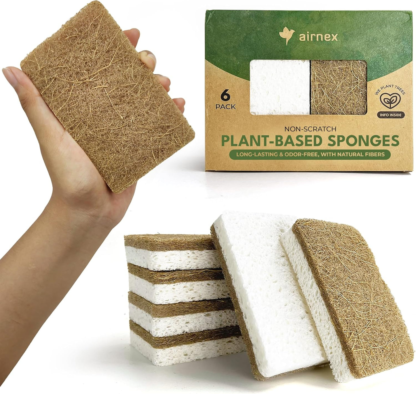 AIRNEX 6 Pack Biodegradable Natural Kitchen Sponges - Eco Friendly Cellulose and Coconut Dish Scrubbers - Odourless, Non Scratch Dual Sided Multipurpose Sponges