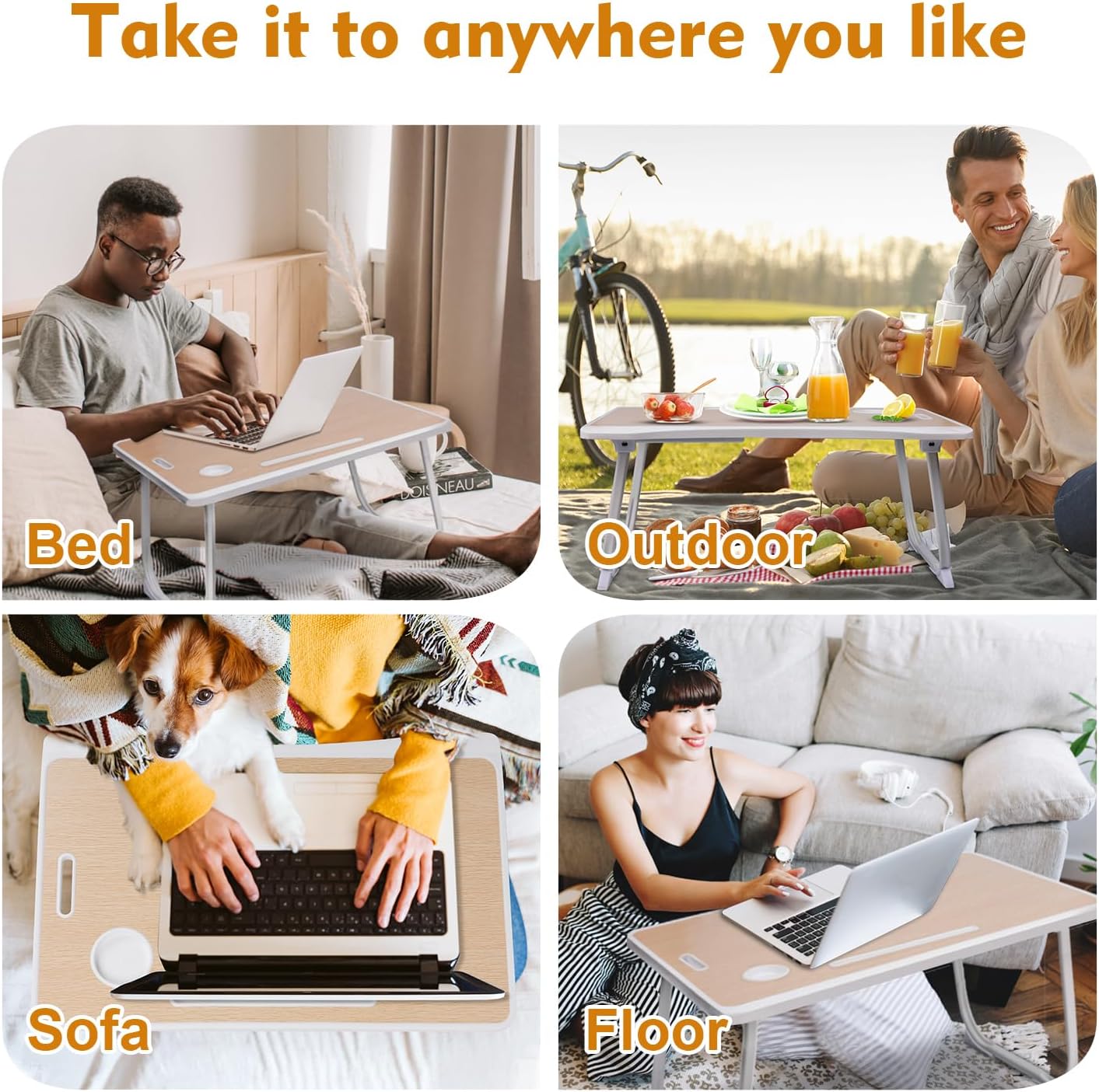 Amaredom Laptop Bed Desk Tray Bed Table, Foldable Portable Lap Desk Notebook Stand Reading Holder with Storage Drawer and Cup Holder for Eating Breakfast on Bed/Couch/Sofa-White Oak
