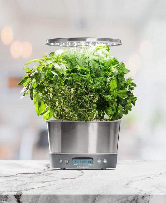 AeroGarden Harvest Elite 360 Indoor Garden Hydroponic System with LED Grow Light and Herb Kit, Holds up to 6 Pods, Stainless - PuriLite