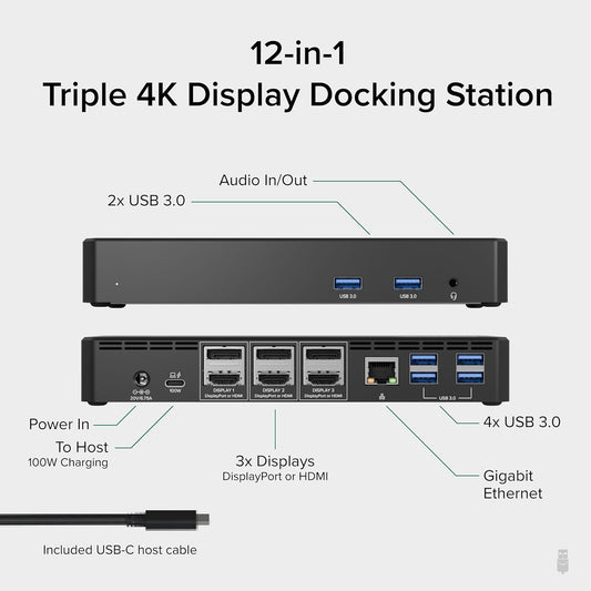 Plugable 12-in-1 USB C Triple Monitor Docking Station, Triple 4K Displays with 3X HDMI or 3X DisplayPort, Compatible with Mac, Windows, Thunderbolt, USB4, USB-C (100W PD, 6X USB Ports, Ethernet) - PuriLite
