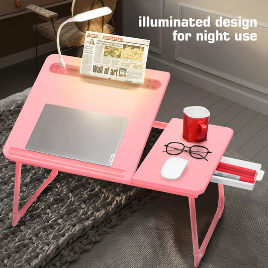 CloudTrip Plus XL Adjustable 17in Laptop Desk with Light, USB Port, iPad Holder, Drawer Storage - Larger 23.6IN Adjustable Lap Desk for Bed, Home Office, Breakfast Tray, Fordable Legs Desk (Pink) - PuriLite